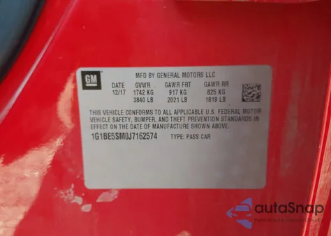 2018 Chevrolet Cruze Lt Auto z USA, uszkodzony, nr VIN 1G1BE5SM0J7162574